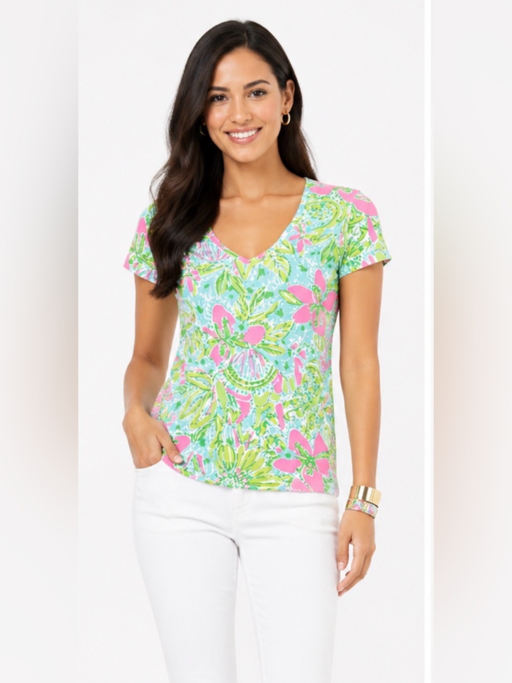Lilly Pulitzer Womens Michele Coconut Grove Floral Bright V-Neck Tee SZ XS